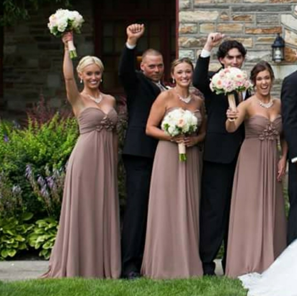 Bill Levkoff tan long maxi ruffle dress wedding 6